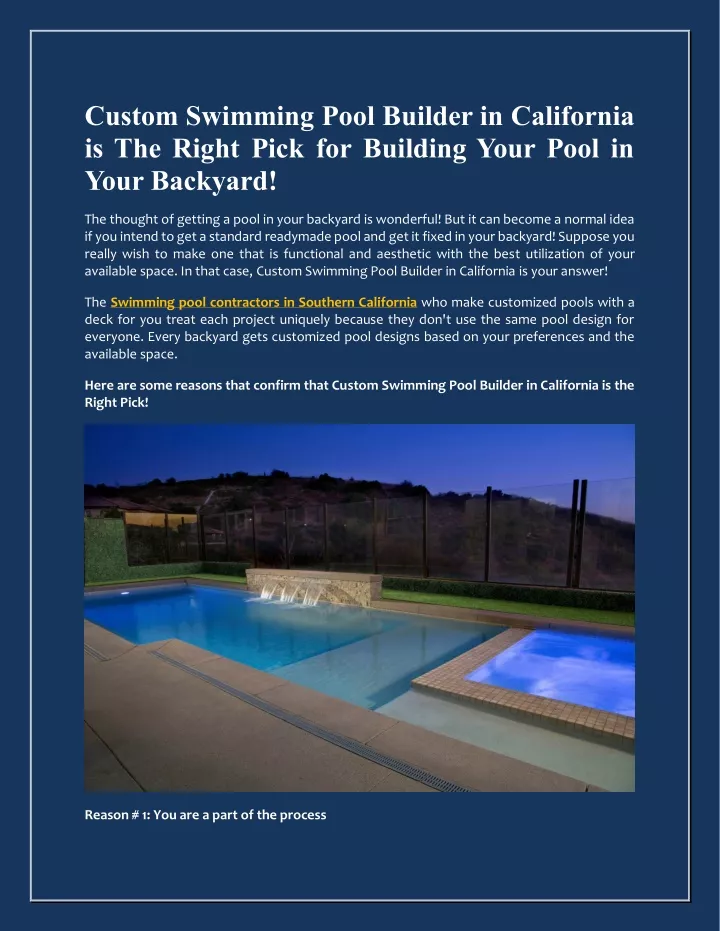 custom swimming pool builder in california