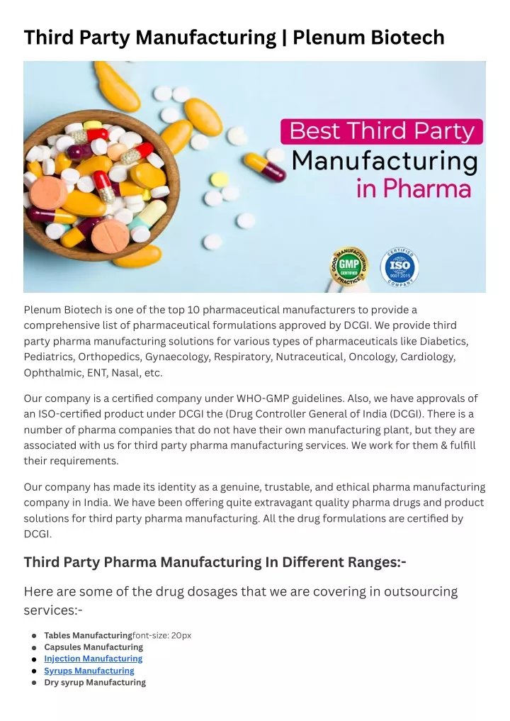 third party manufacturing plenum biotech