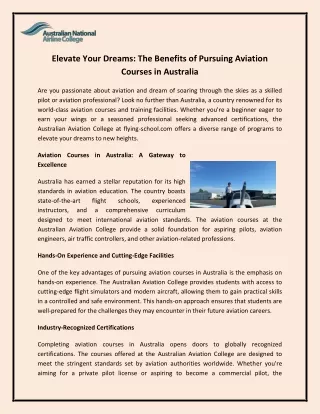 Elevate Your Dreams The Benefits of Pursuing Aviation Courses in Australia