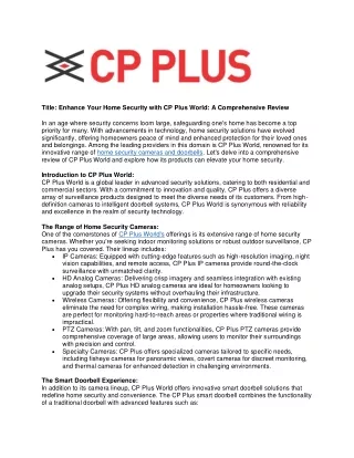 Enhance Your Home Security with CP Plus World A Comprehensive Review