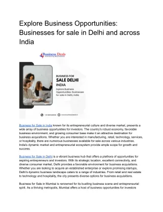 Explore Business Opportunities: Businesses for sale in Delhi, India