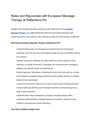Relax and Rejuvenate with European Massage Therapy at Reflections Ptc