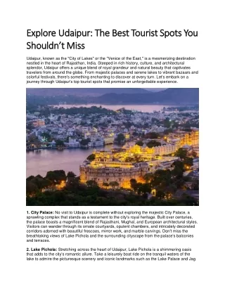 Explore Udaipur- The Best Tourist Spots You Shouldn’t Miss
