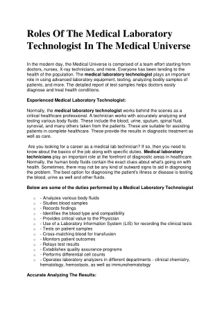 Roles Of The Medical Laboratory Technologist In The Medical Universe