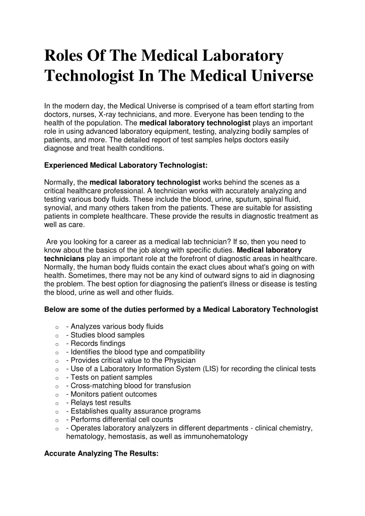 roles of the medical laboratory technologist
