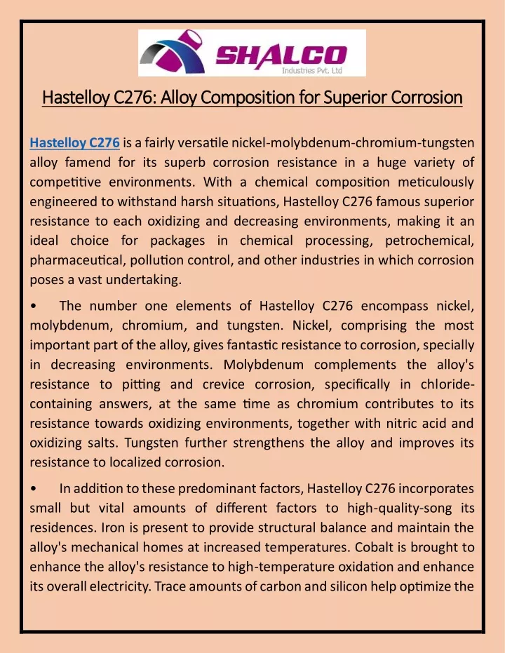 hastelloy c276 alloy composition for superior