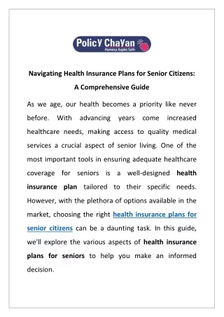 Navigating Health Insurance Plans for Senior Citizens: A Comprehensive Guide