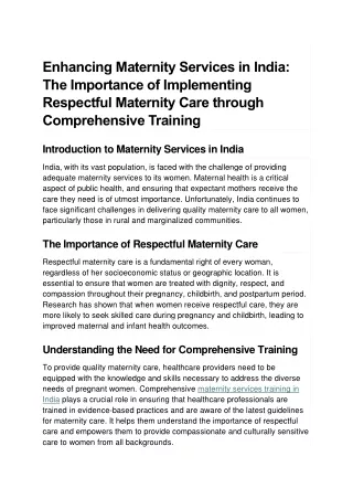 Enhancing Maternity Services in India: The Importance of Implementing Respectful