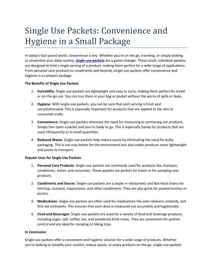 single use packets convenience and hygiene