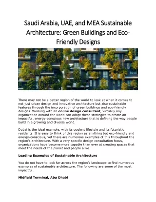 Saudi Arabia, UAE, and MEA Sustainable Architecture Green Buildings and Eco-Friendly Designs