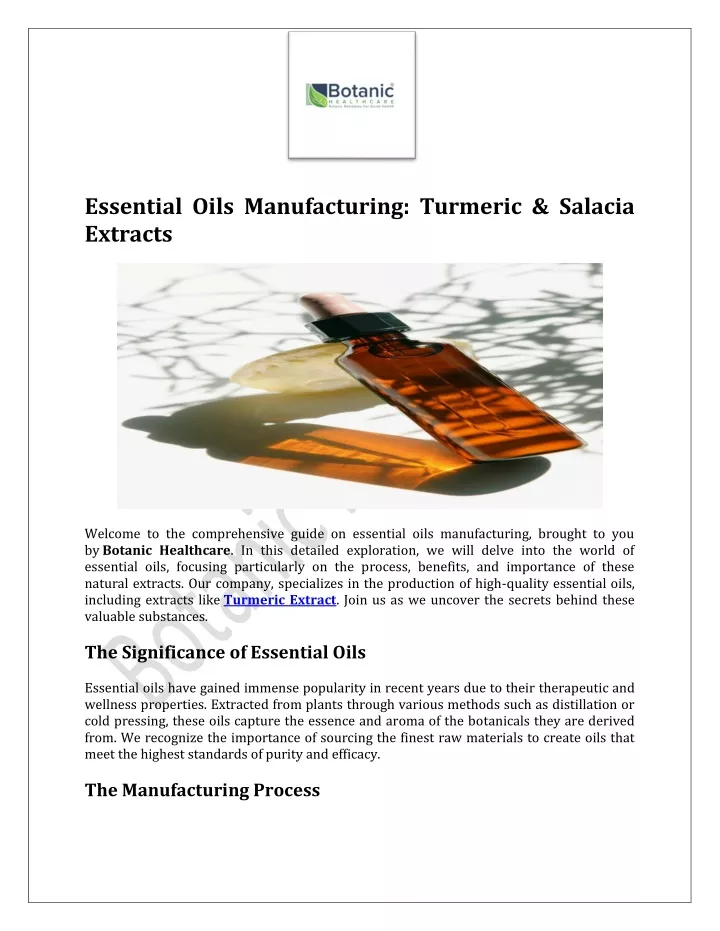 essential oils manufacturing turmeric salacia