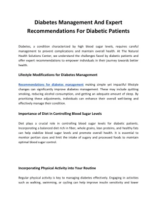 Diabetes Management And Expert Recommendations For Diabetic Patients