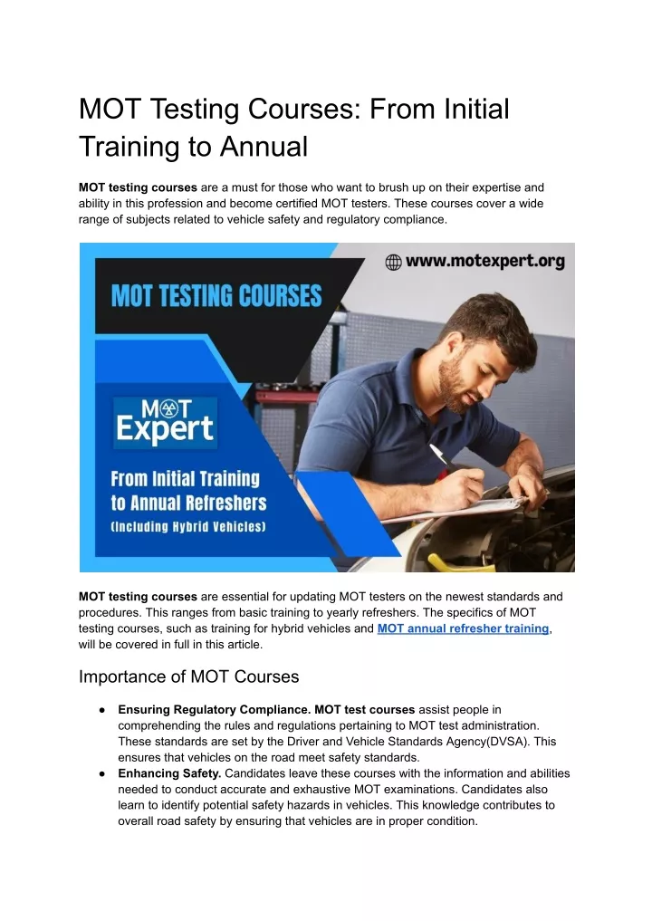 mot testing courses from initial training