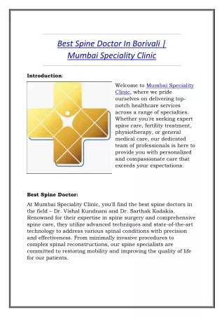 Best Spine Doctor In Borivali - Mumbai Speciality Clinic