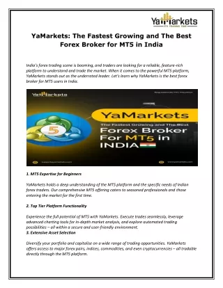 YaMarkets: The Fastest Growing and The Best Forex Broker for MT5 in India