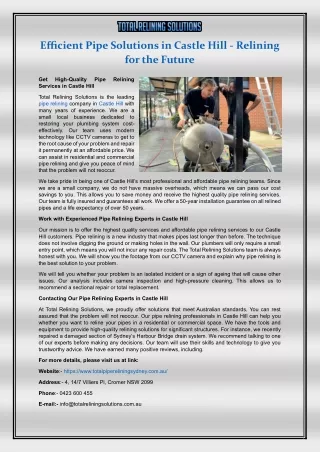 efficient pipe solutions in castle hill relining