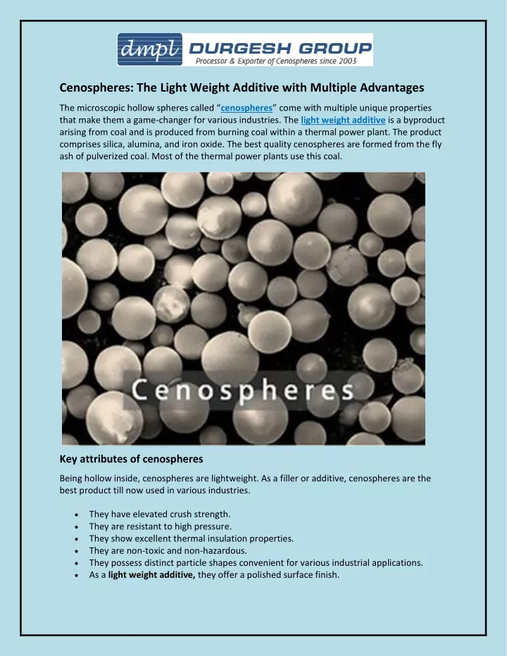 cenospheres the light weight additive with