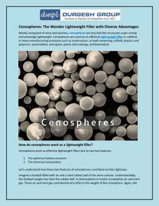 Cenospheres and The Wonder Lightweight Filler with Diverse Advantages