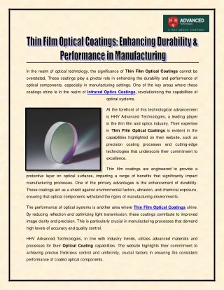 Thin Film Optical Coatings - Enhancing Durability and Performance in Manufacturing