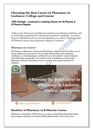 Promising Pharmacy Career with RPS, the Premier Pharmacy College in Lucknow