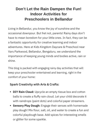 Don’t Let the Rain Dampen the Fun! Indoor Activities for Preschoolers in Belland