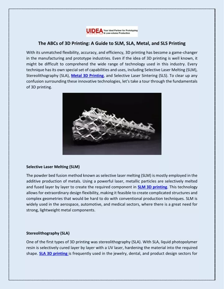 the abcs of 3d printing a guide to slm sla metal