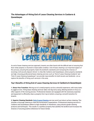 The Advantages of Hiring End of Lease Cleaning Services in Canberra & Queanbeyan