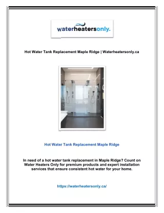 Hot Water Tank Replacement Maple Ridge | Waterheatersonly.ca