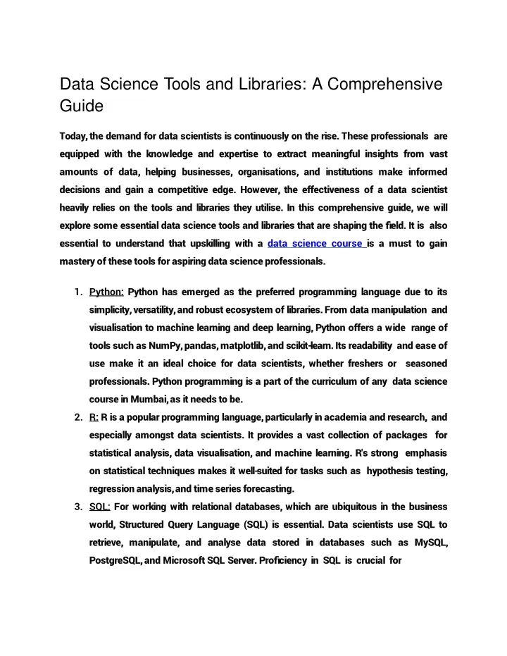 data science tools and libraries a comprehensive