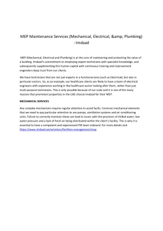 MEP Maintenance Services (Mechanical, Electrical, &amp; Plumbing)  Imdaad