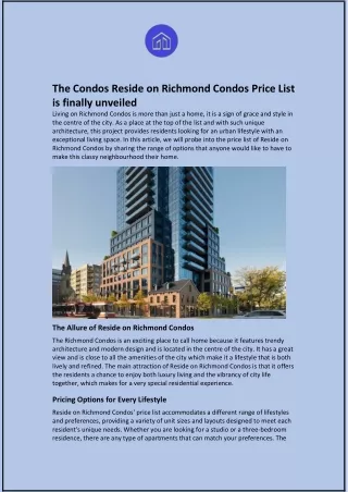 The Condos Reside on Richmond Condos Price List is finally unveiled