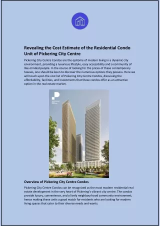Cost Estimate of the Residential Condo Unit of Pickering City Centre