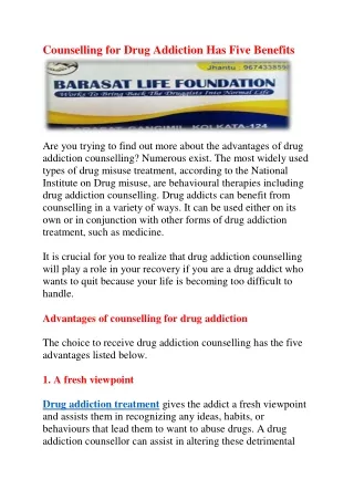 Counselling for Drug Addiction Has Five Benefits