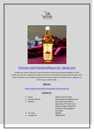 Premium Cold Pressed Safflower Oil - Advaik.com