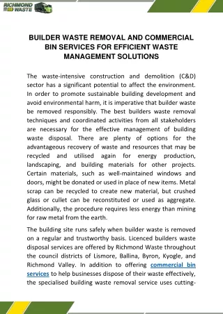BUILDER WASTE REMOVAL AND COMMERCIAL BIN SERVICES FOR EFFICIENT WASTE MANAGEMENT SOLUTIONS