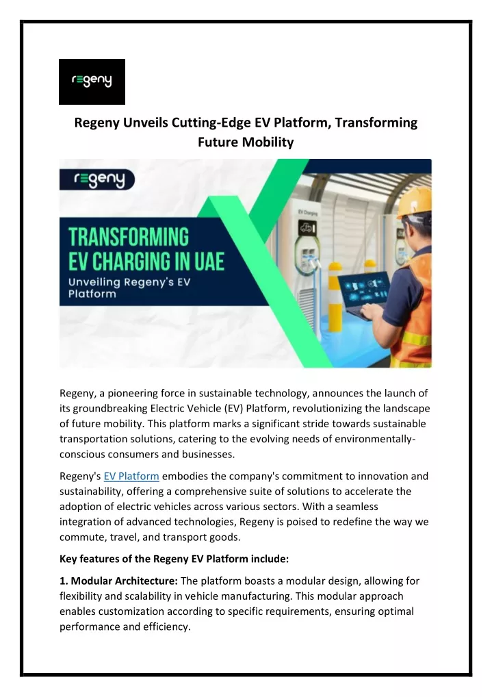 regeny unveils cutting edge ev platform