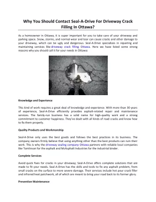 Why You Should Contact Seal-A-Drive For Driveway Crack Filling In Ottawa?