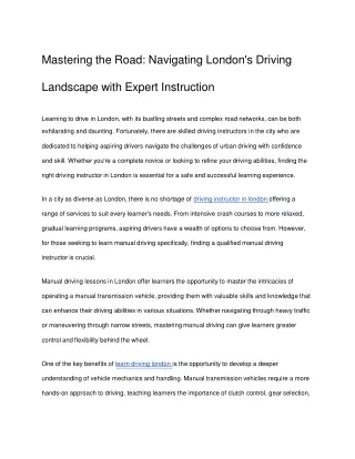 Mastering the Road - Navigating London's Driving Landscape with Expert Instruction