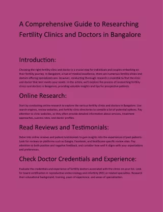 A Comprehensive Guide to Researching Fertility Clinics and Doctors in Bangalore