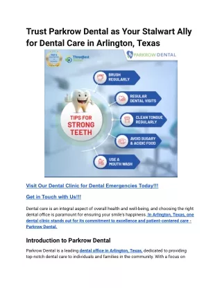 Trust Parkrow Dental as Your Stalwart Ally for Dental Care in Arlington, Texas