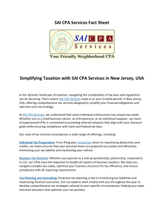 Simplifying Taxation with SAI CPA Services in New Jersey, USA