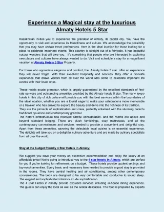 Experience a Magical stay at the luxurious Almaty Hotels 5 Star