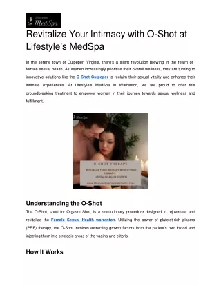 Revitalize Your Intimacy with O-Shot at Lifestyle's MedSpa