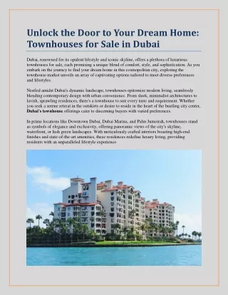 Unlock the Door to Your Dream Home: Townhouses for Sale in Dubai