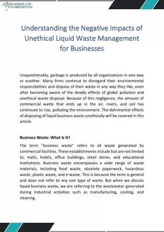 Understanding the Negative Impacts of Unethical Liquid Waste Management for Businesses 