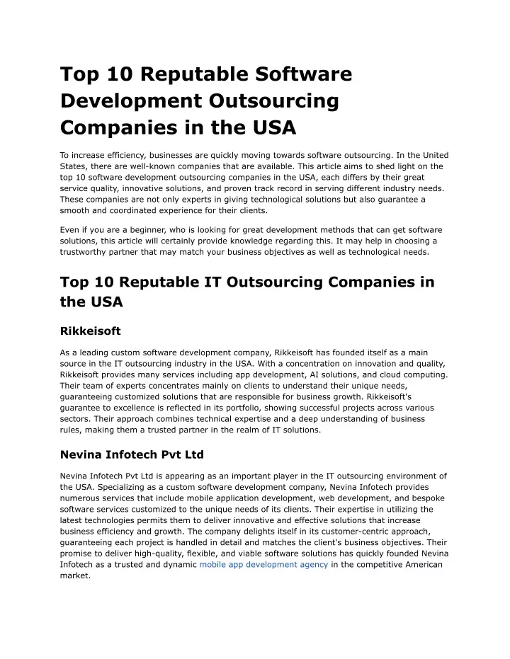 top 10 reputable software development outsourcing