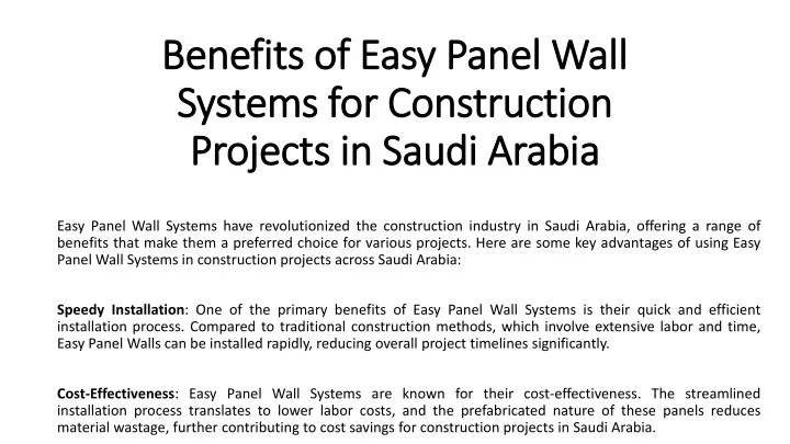 benefits of easy panel wall systems for construction projects in saudi arabia