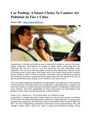 Car Pooling- A Smart Choice To Counter Air Pollution In Tier 1 Cities