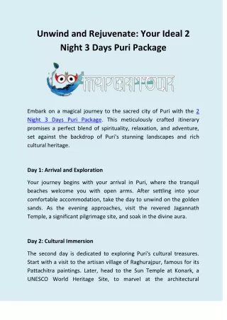 Unwind and Rejuvenate: Your Ideal 2 Night 3 Days Puri Package