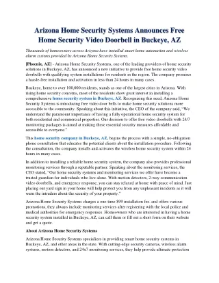 Arizona Home Security Systems Announces Free Home Security Video Doorbell In Buckeye, AZ